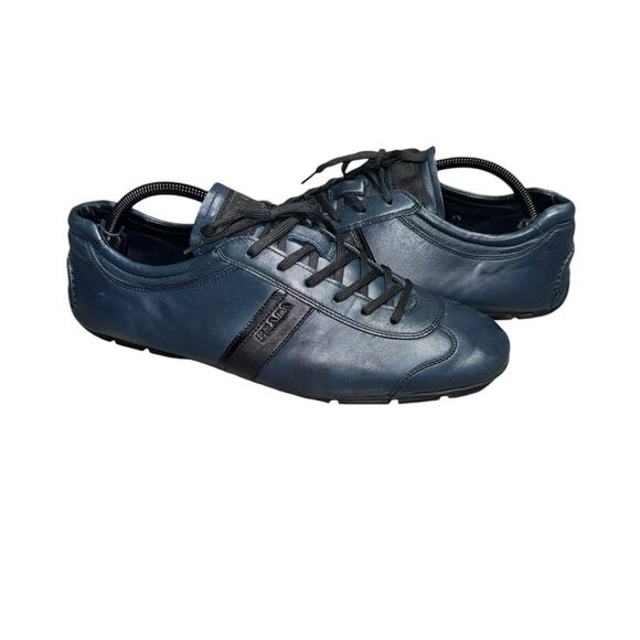 Men’s PRADA Sport Blue Leather AUTHENTIC low top lace up sneakers size 9.5 - Picture 2 of 10